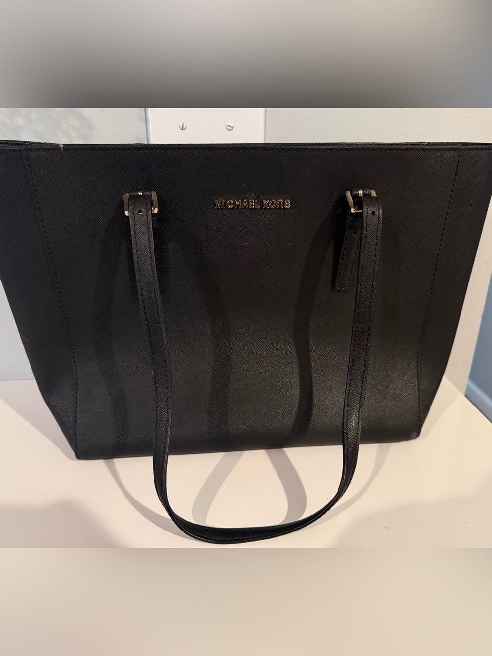 Michael Kors Black Leather Tote with Gold Logo